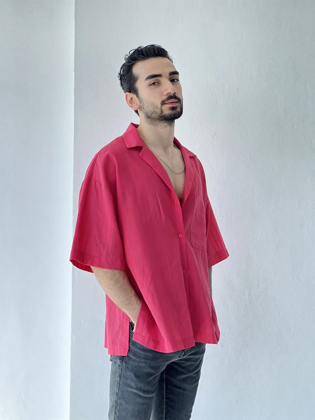 

Retrobird Design Daily Use Cotton Oversize Casual Cut Pink Color Standard Size Unisex Shirt