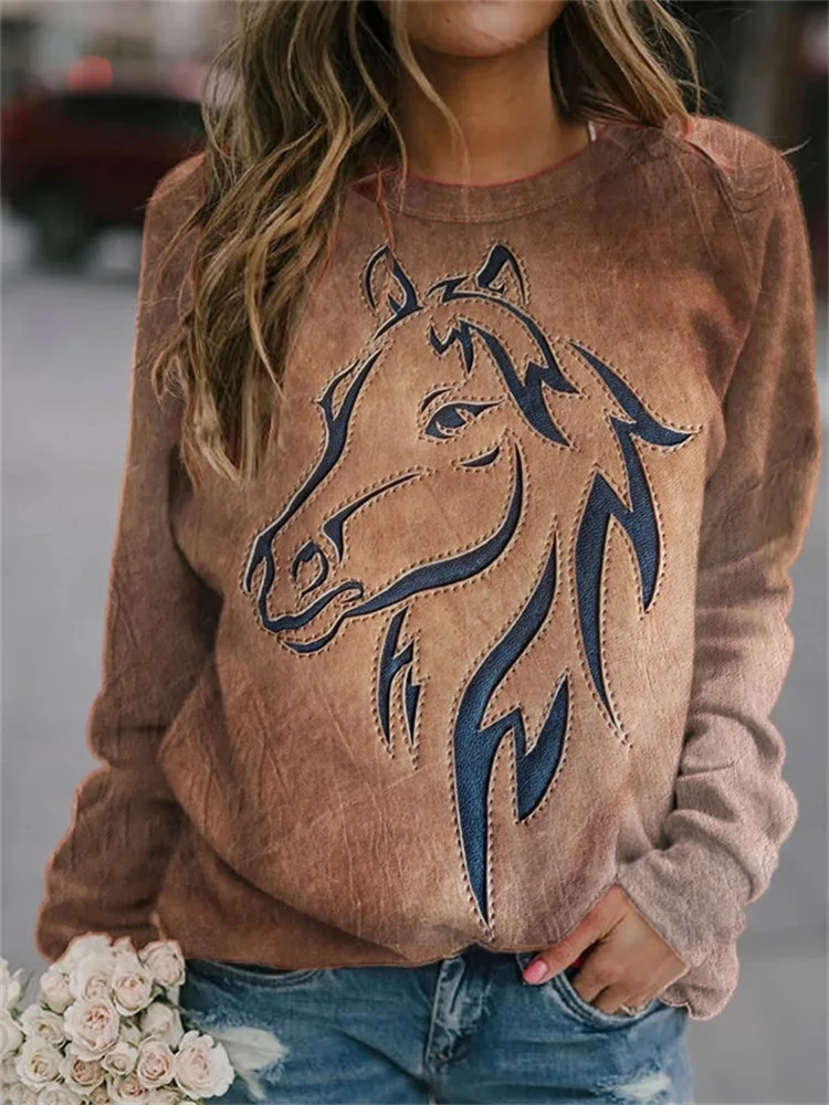 

Aliexpress Amazon Europe and the United States cross-border foreign trade round collar pullover print horse pattern long sleeve