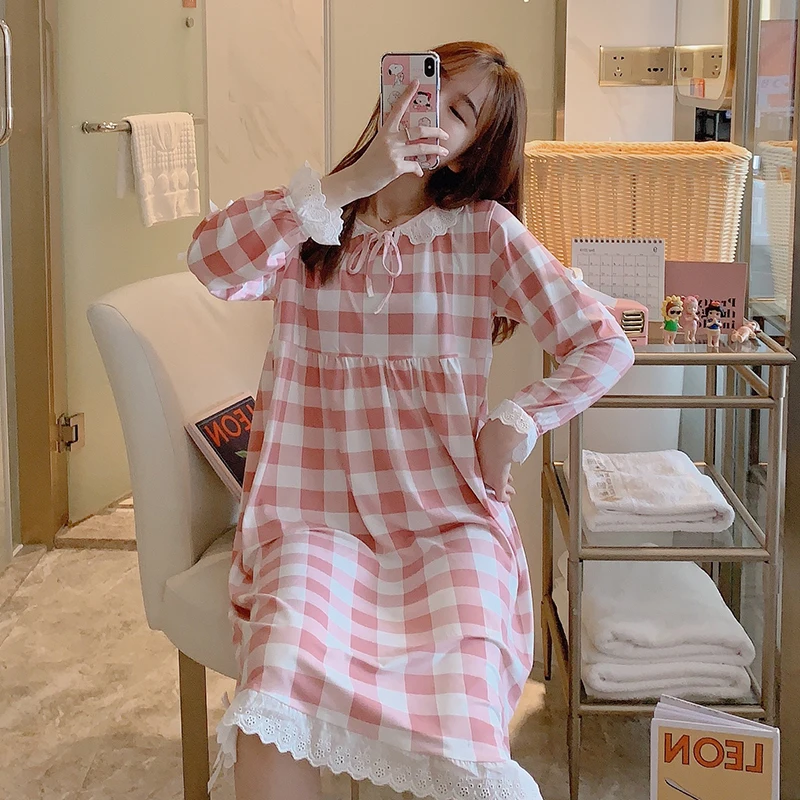 Women Nightgown Sleepwear O-neck Cartoon Print Long Sleeve Cute Sleepwear Girl Night Gown Female Sleeping Dress Lady Sleep Wear