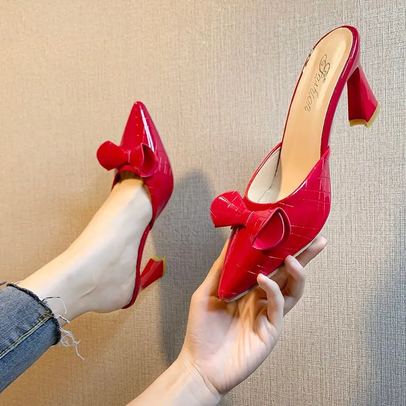 

Ladies Slippers Summer British Style Fashion Bow Knot Wear Pointed Toe High Heels Solid Slippers High (5cm-8cm) Zapatos Mujer