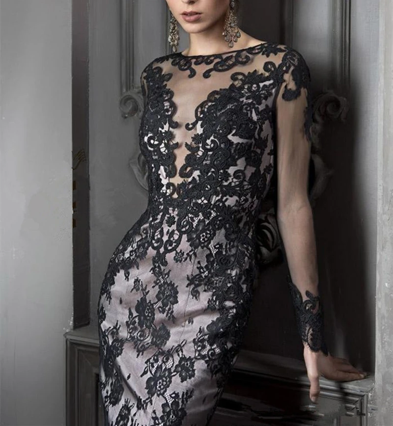 

Платье для матери невесты, черное кружевное короткое вечернее платье-футляр с длинным рукавом, элегантное женское платье