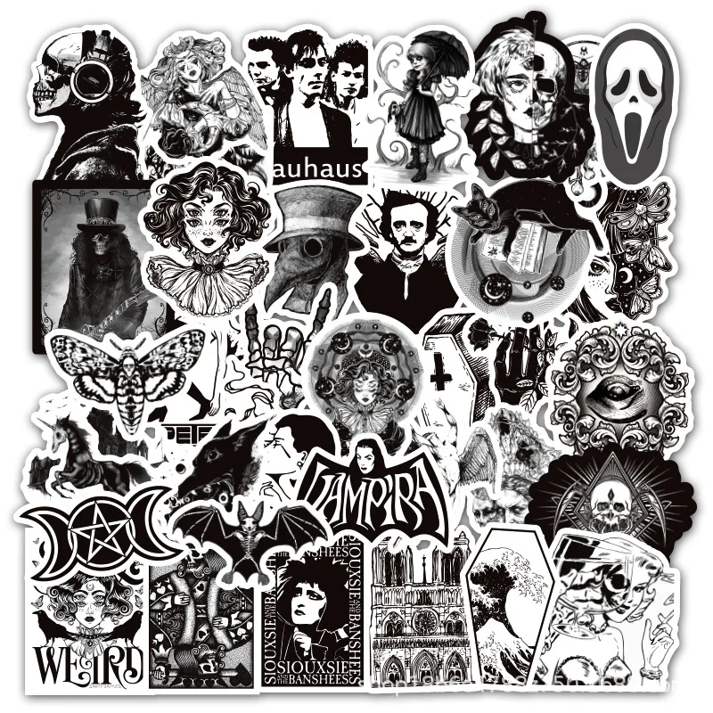

50pcs Sticker Black and White Punk Gothic Waterproof Sticker Trolley Case Notebook Skateboard Sticker Horror Skeleton Stickers