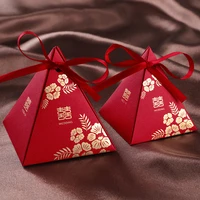 chinese tradition triangle bronzing flower wedding candy box wedding gift boxes for guest sweets favor paper bag with ribbon