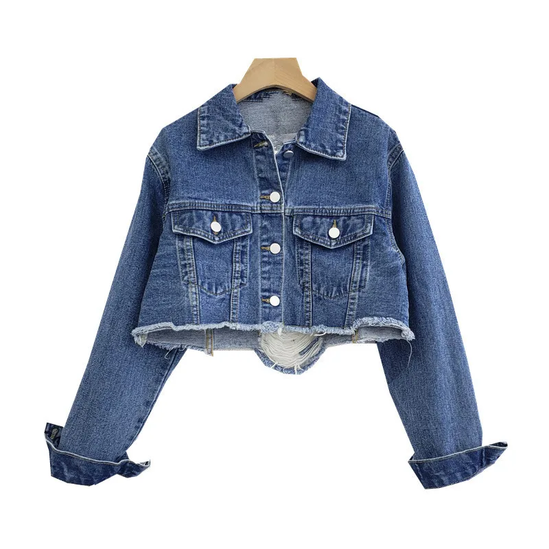 

Женская джинсовая куртка с бахромой, синяя свободная джинсовая куртка с большими дырками, верхняя одежда в винтажном стиле, G2479, весна 2023