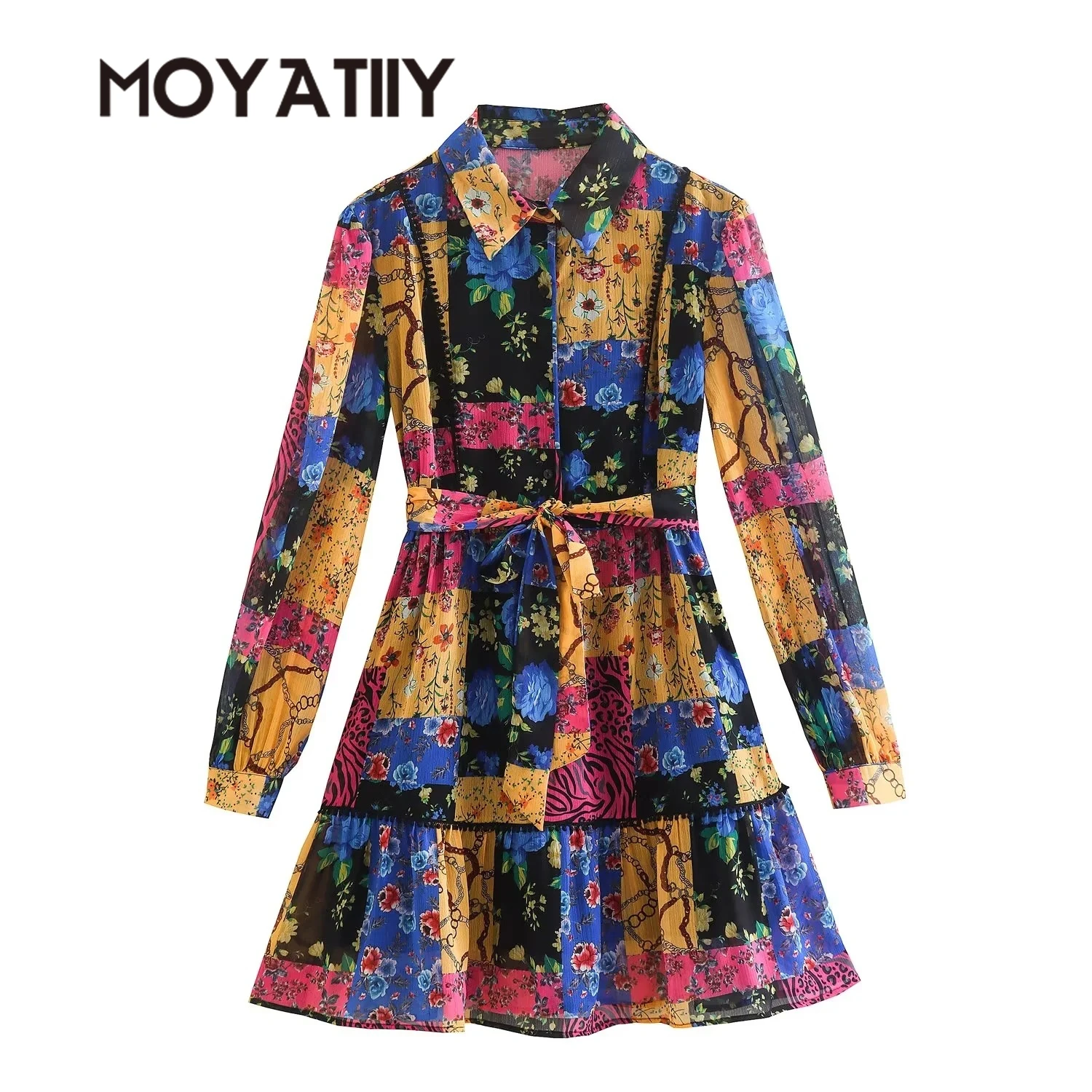 

Женское мини-платье MOYATIIY, модные Шифоновые Платья с цветочным принтом и поясом, женские платья с длинным рукавом