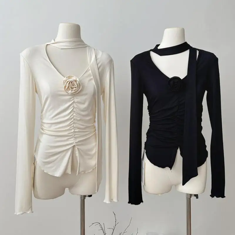 

Женская футболка с цветочной вышивкой, V-образным вырезом и длинным рукавом