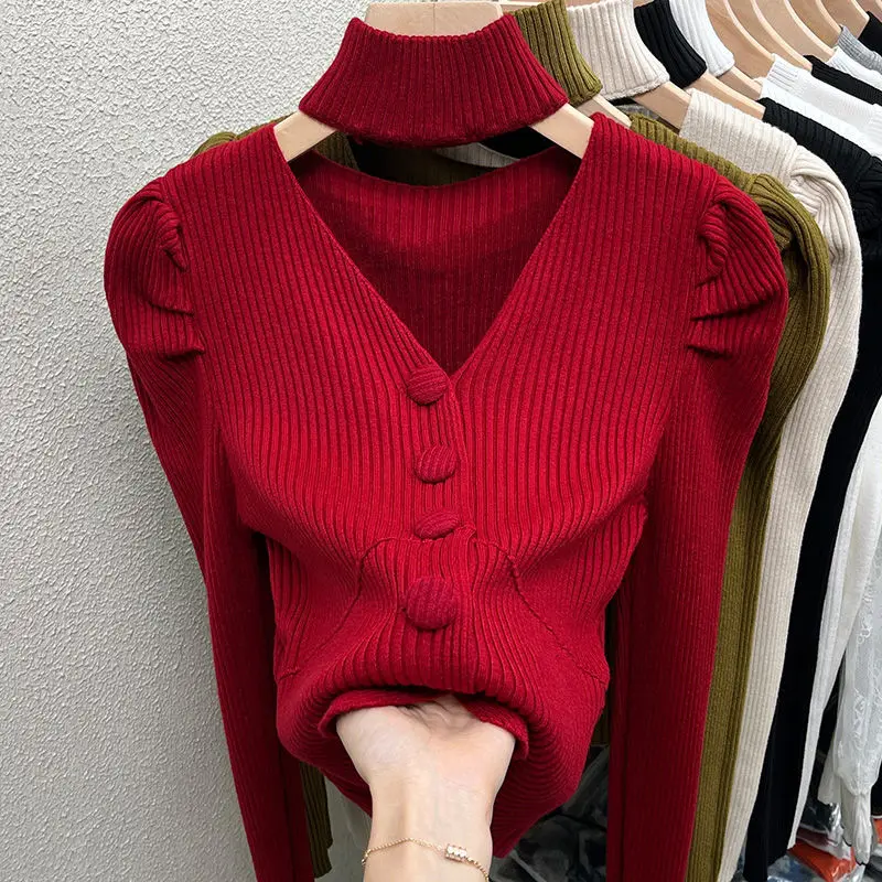 

Newest Turtleneck Pullovers Women 2023 Spring Summer Sexy V-Neck Hollow Knit Sweaters Woman Vintage Style Solid Jumper V475