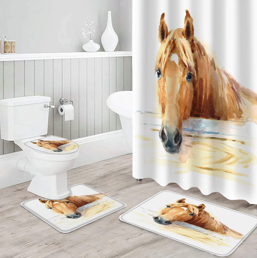 

Набор занавесок для душа с рисунком животных, лошадей, акварель, ковер, крышка для унитаза, коврик для ванной комнаты, домашний