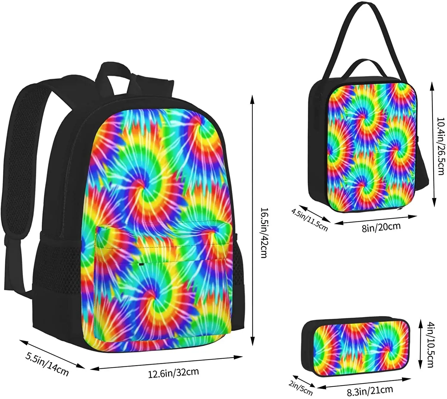 Kids School Backpack Tie Dye Schoolbag Travel Bag Casual Daypack Lunch Bag Pencil Case for Boys Teens Girls 3pcs Sets