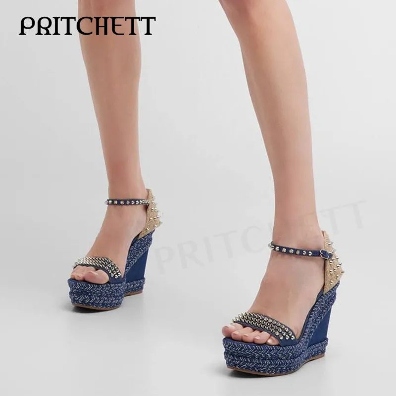 Blue Denim Woven Wedge Sandals Fashion Rivet Strap Open Toe High Heel Sandals Ankle Buckle Fashion Party Shoes for Women