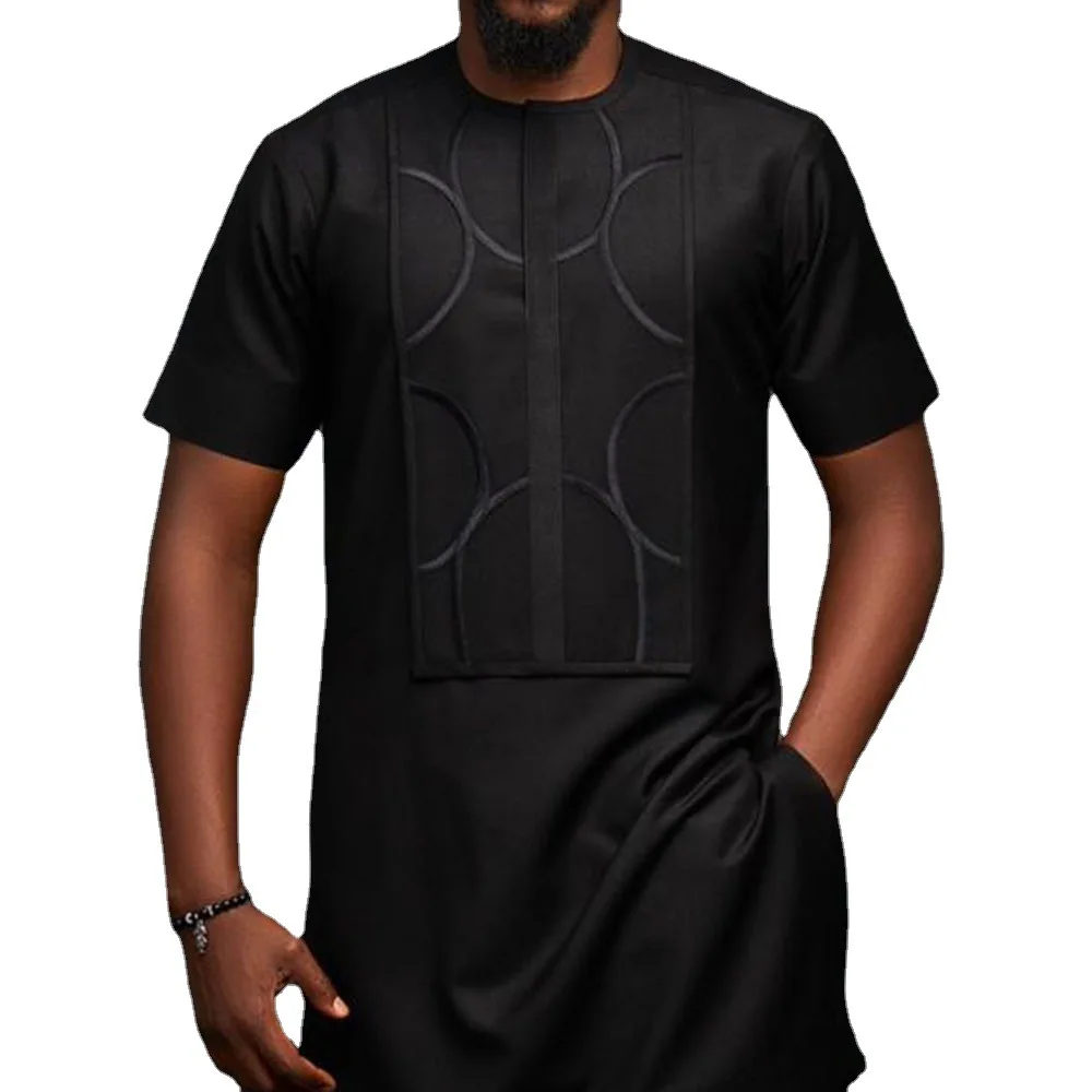 Ramadan Eid Muslim Fashion Summer Black Round Neck Youth African Short Sleeve Mid Length Shirt Kurta Men Arabic Shirt New 2022