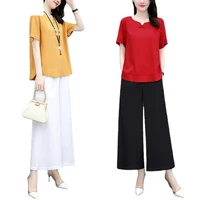 two piece set women clothing short sleeve tops wide leg pants sets casual korean ladies suits 2022 2 piece sets womens outfits