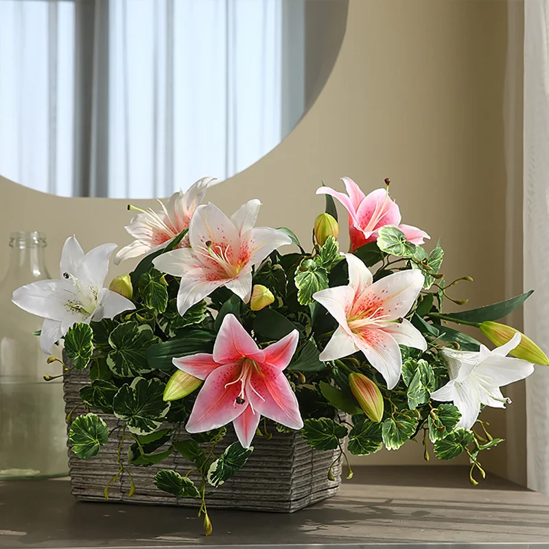 

Hot Sales Simulated Lily Artificial Plants Wedding Fake Lily Bouquet Family Hotel Restaurant Office Outdoor Garden Decoration
