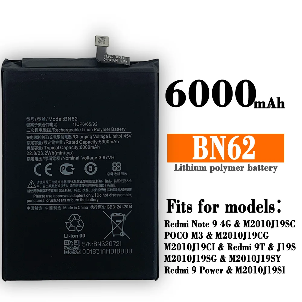 new replacement battery applicable to redmi note 9 4g poco m3 redmi 9t redmi 9 power mobile phone bn62 6000mah built in battery free global shipping