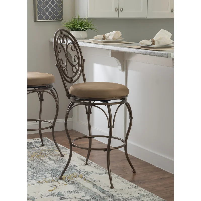 

Big & Tall 30" Metal Scroll Back Bar Stool with Swivel, Warm Bronze with Warm Tan Microsuede bar stool stool chair