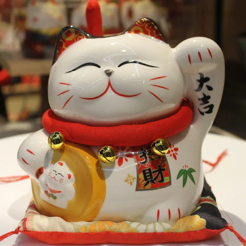 Фото Японские мультяшные украшения Lucky Cat, керамическая копилка, 6-дюймовые украшения с мультяшным котом, открытие и удача, детские подарки №4