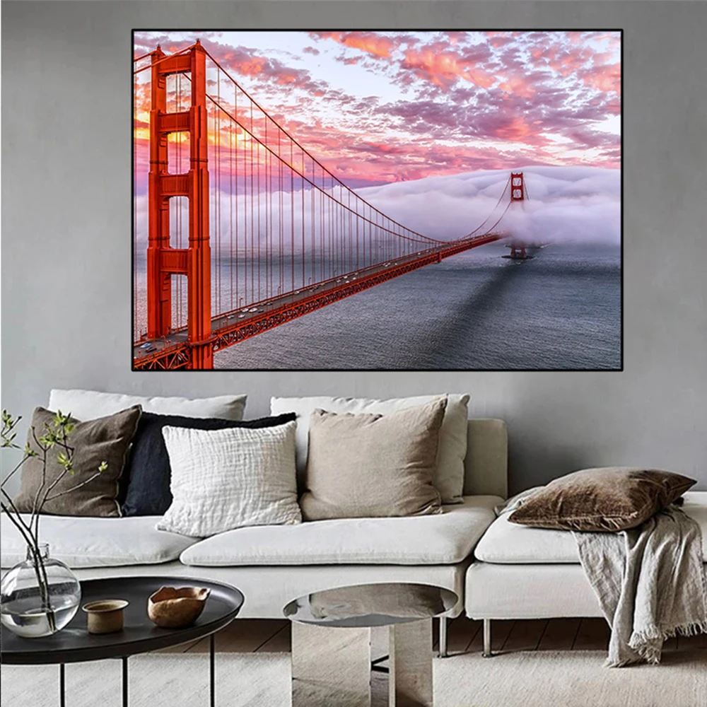 

Golden Gate Bridge Sunset Canvas Painting San Francisco Landscape Posters and Prints Wall Picture for Living Room Home Decor