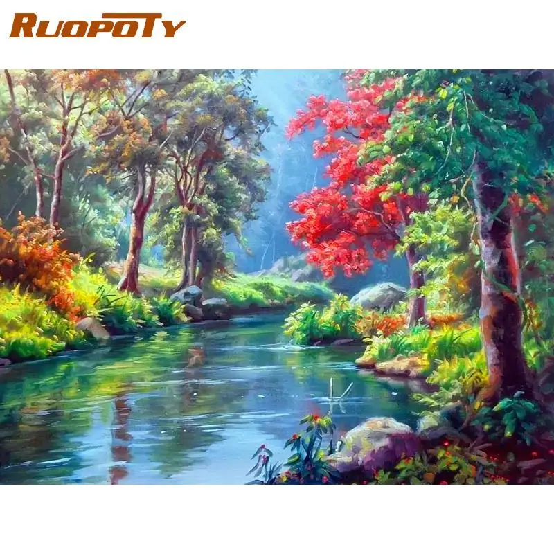 

RUOPOTY Frame Paint By Numbers Kits Lake Forest Drawing By Numbers Handmade Canvas Painting For Wall Art Acrylic Paints Diy Craf