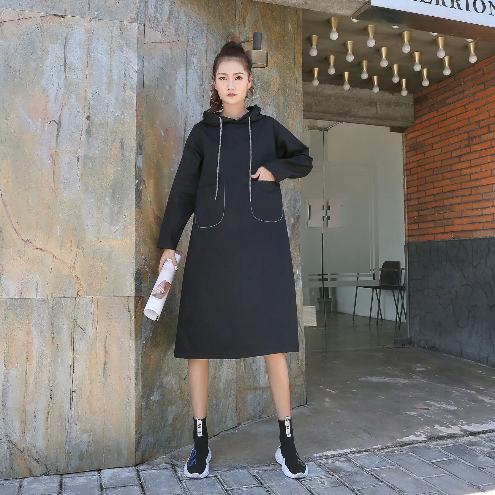 

SuperAen Новое Осеннее модное корейское свободное повседневное длинное платье с капюшоном большого размера уличное длинное платье с капюшоном