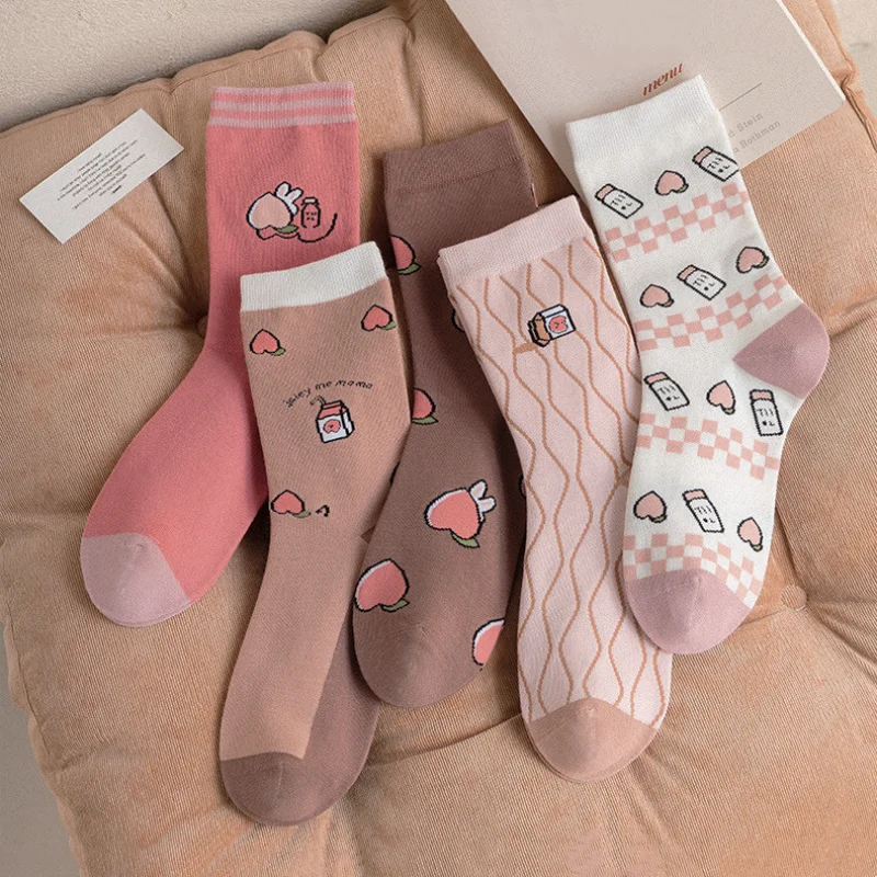 

Sweet Girls Pink Socks Casual Fashion Cartoon Print Funny Socks Women Korean Style Harajuku Retro Streetwear Cotton Long Socks