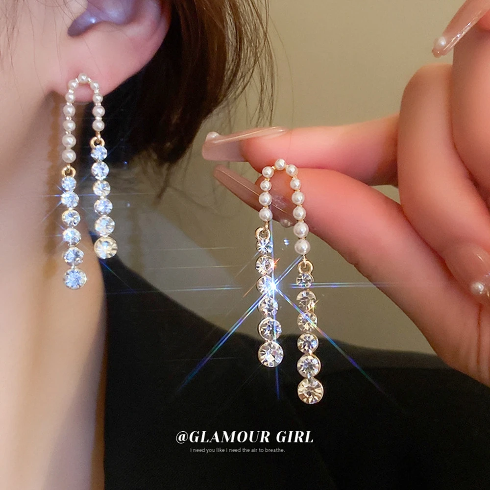 

Luxury Elegant Crystal Pearl Tassel Earrings for Women Ladies Trendy Chic Daily Earrings Y2K Kpop Sweet Jewelry Gift Dropship