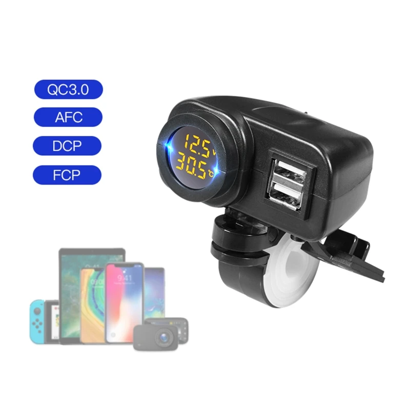 

Quick Charge 18W Car Dual USB Charger QC3.0 Waterproof with Voltmeter Thermometer for 12V/24V Motorcycle ATV Boat Marine