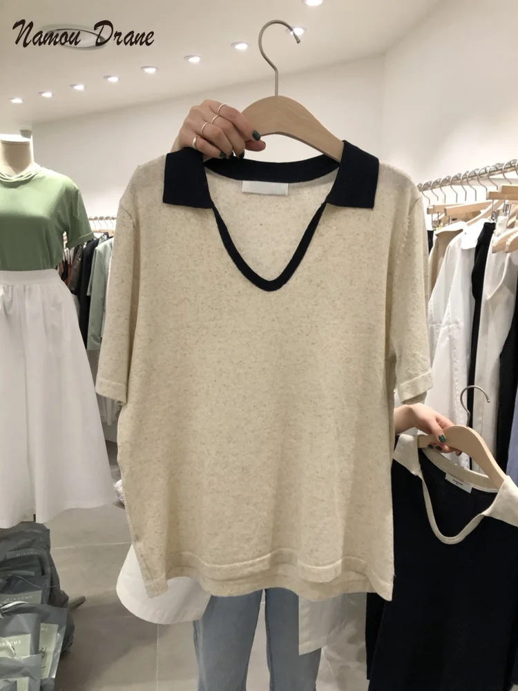 

2021 Summer New Style Contrast Color Lapel V-neck All-match Knitted Sweater Female Net Celebrity Short-sleeved T-shirt Top