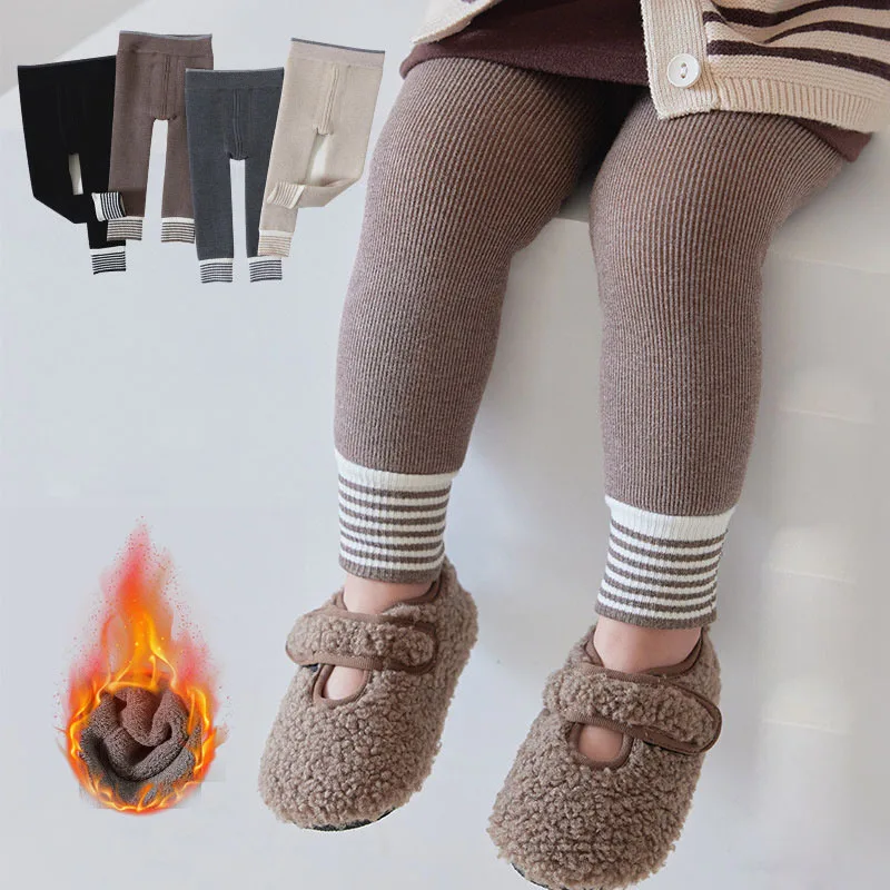 

New Winter Thickening Pants For Baby Girls 0-4 Year Stripe Leggings Children Plus Velvet Warm Pencil Trousers Elastic Tights