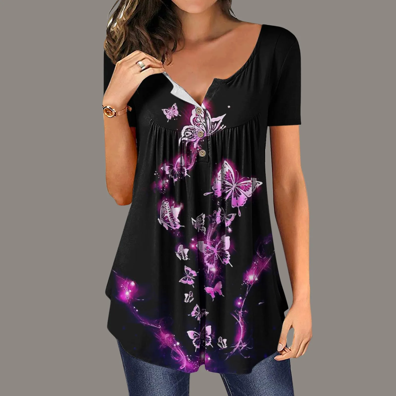 

Plus Size Fashion Pleated Floral Blouse Shirt Casual Summer T-Shirts Ladies V-Neck Tunic Tops Women Short Sleeve Shirt Pullover