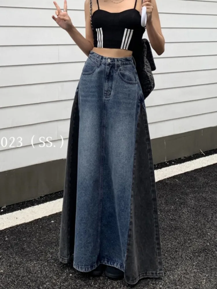 ZHISILAO Patchwork A-line Long Jeans Skirt Women Vintage Y2K Fashion Denim Skirt Spring Summer 2023
