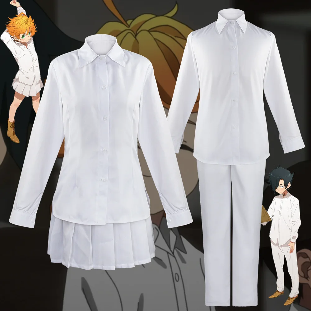 

The Promised Neverland Ray Norman Emma Cosplay Costume Halloween Party Adult Men Women Anime White Shirt School Uniform