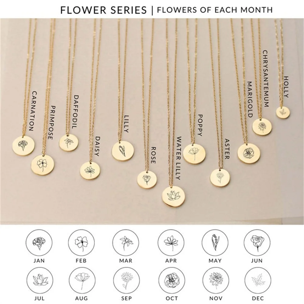 Birth Month Custom Women's Necklace Wildflower Bouquet Necklace Stainless Steel Rectangular Necklace Exquisite Jewelry Custom