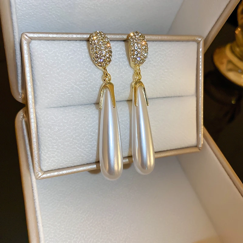 

Elegant Pearl Long Drop Earrings For Women Luxury Rhinestone Stud Earring 2022 New Trendy Korean Fashion Girl Party Jewelry