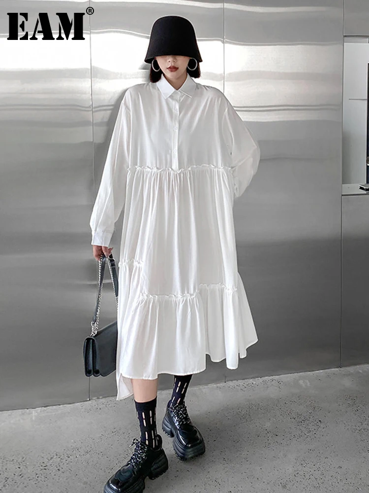 

Женское платье-рубашка EAM, белое асимметричное плиссированное платье большого размера с отворотом, с длинным рукавом, свободный крой, весна-осень 2023, 1DF1200