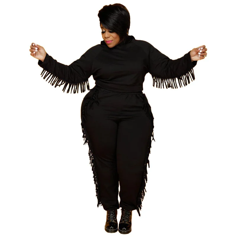 Plus Size Women Clothing Fall Two Piece Set Women Outfits Long Sleeve Tassels Hoodie Sweatsuit for Fem 3xl 4xl 5xl 6xl