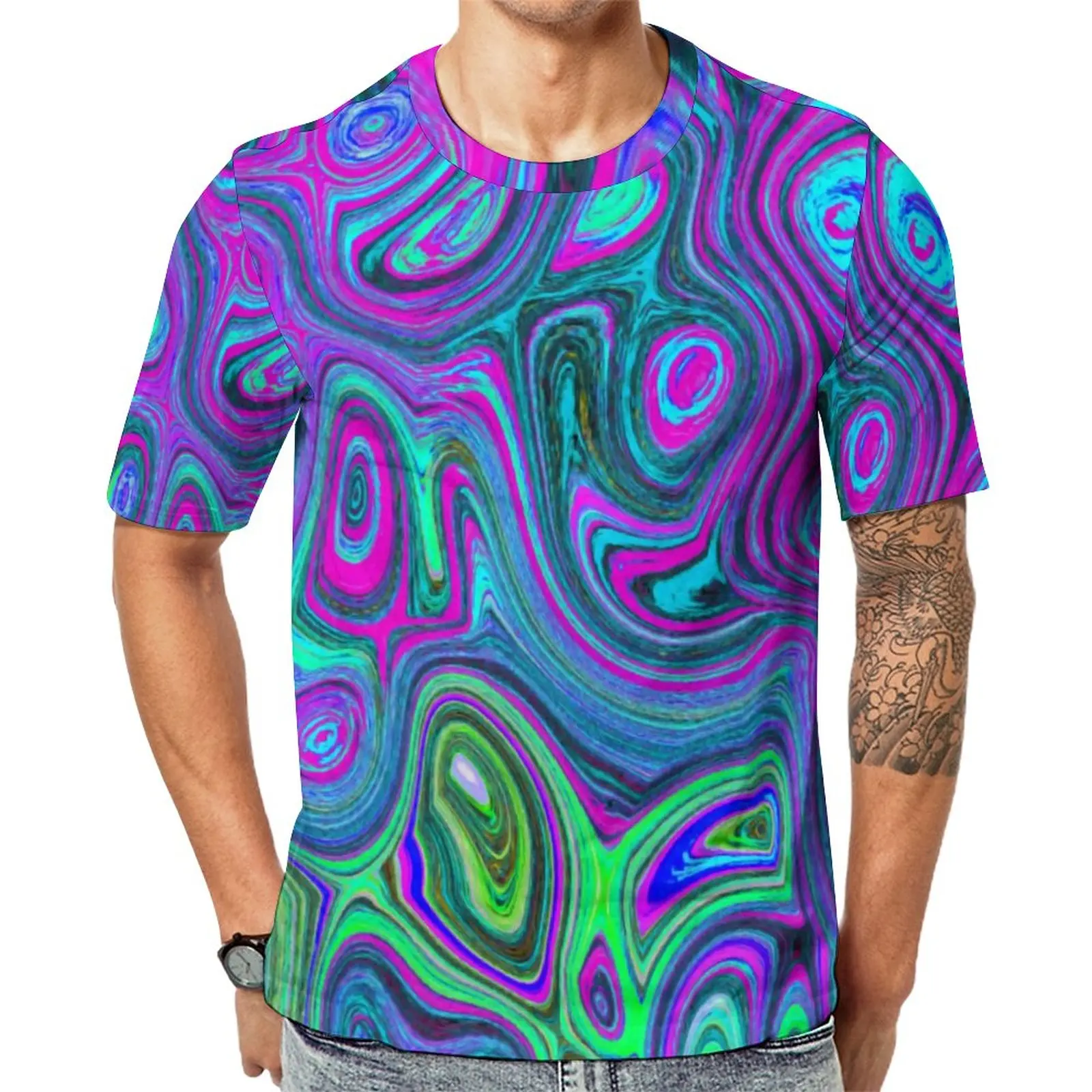 

Marbled Retro 70S T Shirt Abstract Art Print Hip Hop T-Shirts Short Sleeves Graphic Tops Wholesale Beach Fun Big Size Tees