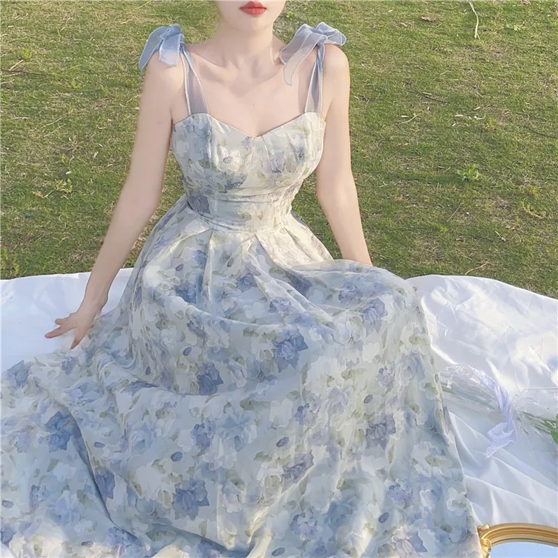 

Элегантное платье миди на бретельках с цветочным принтом, женское винтажное платье принцессы в стиле бохо, классическое летнее сказочное платье для праздника