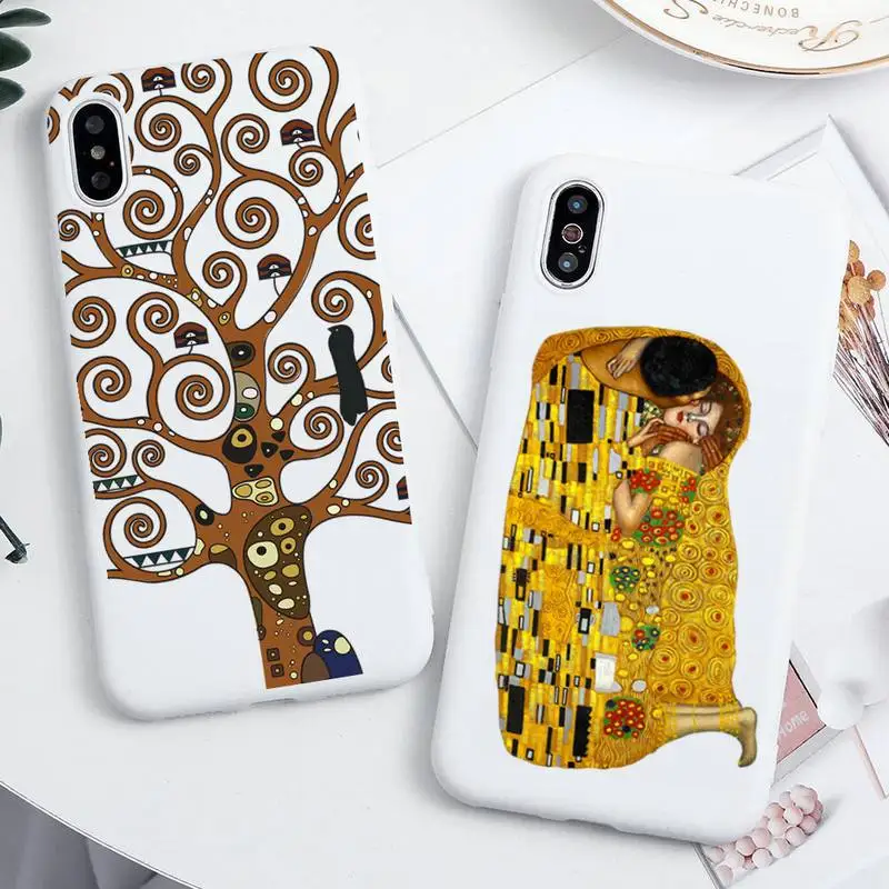 

Kiss By Gustav Klimt Tree of Life Phone Case For iphone 13 12 11 Pro Max Mini XS 8 7 6 6S Plus X SE 2020 XR Candy white Silicone