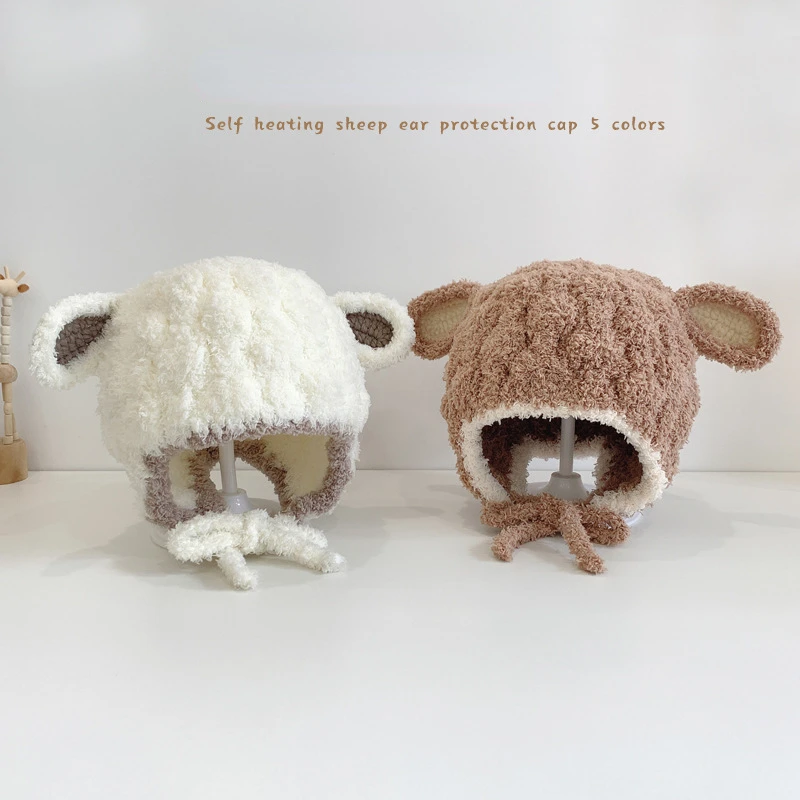 

2022 Autumn Winter Baby Hat New Cartoon Cute Little Sheep Knitted Boy Girl Ear Protector Cap Toddler Warm Beanie Hat