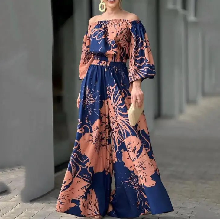 

Женский комплект из двух предметов, летний модный топ с открытыми плечами и длинными рукавами с принтом и повседневные широкие брюки с высо...