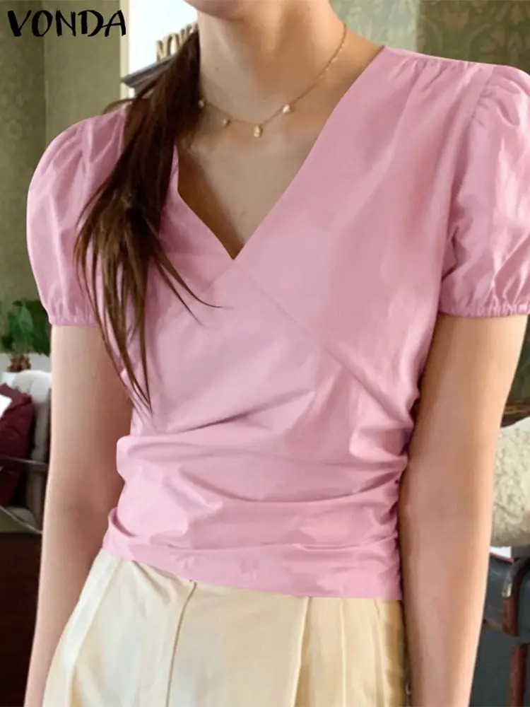 

VONDA Y2K Oversized Blusa Women Tunic Short Sleeve V Neck Chemise Tops Female Casual Pleated Baggy Solid Street Blouse Femininas
