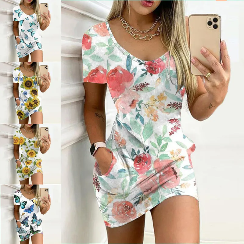 

European and American women's sexy slim print short-sleeved dress