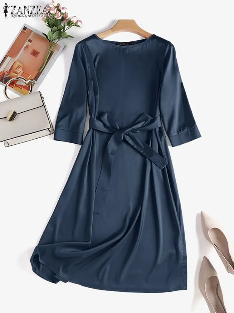 

ZANZEA Tied Waist A-line Dress 3/4 Sleeve Fashion Satin Silk Party Robes Elegant Women Holiday Casual Vestidos Soild Long Dress