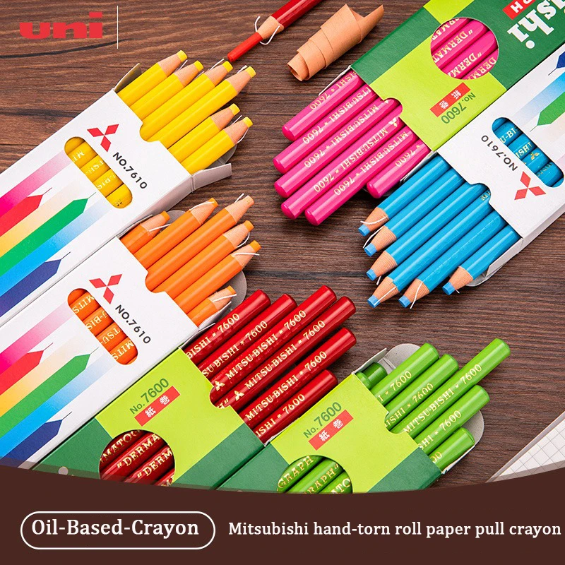 

12Pcs/Set Uni Colored Pencil Set Oily Crayon Hand Tear Roll Paper 7600 no-sharp Pencil For Metal/Leather/Wood/ Japan Stationery