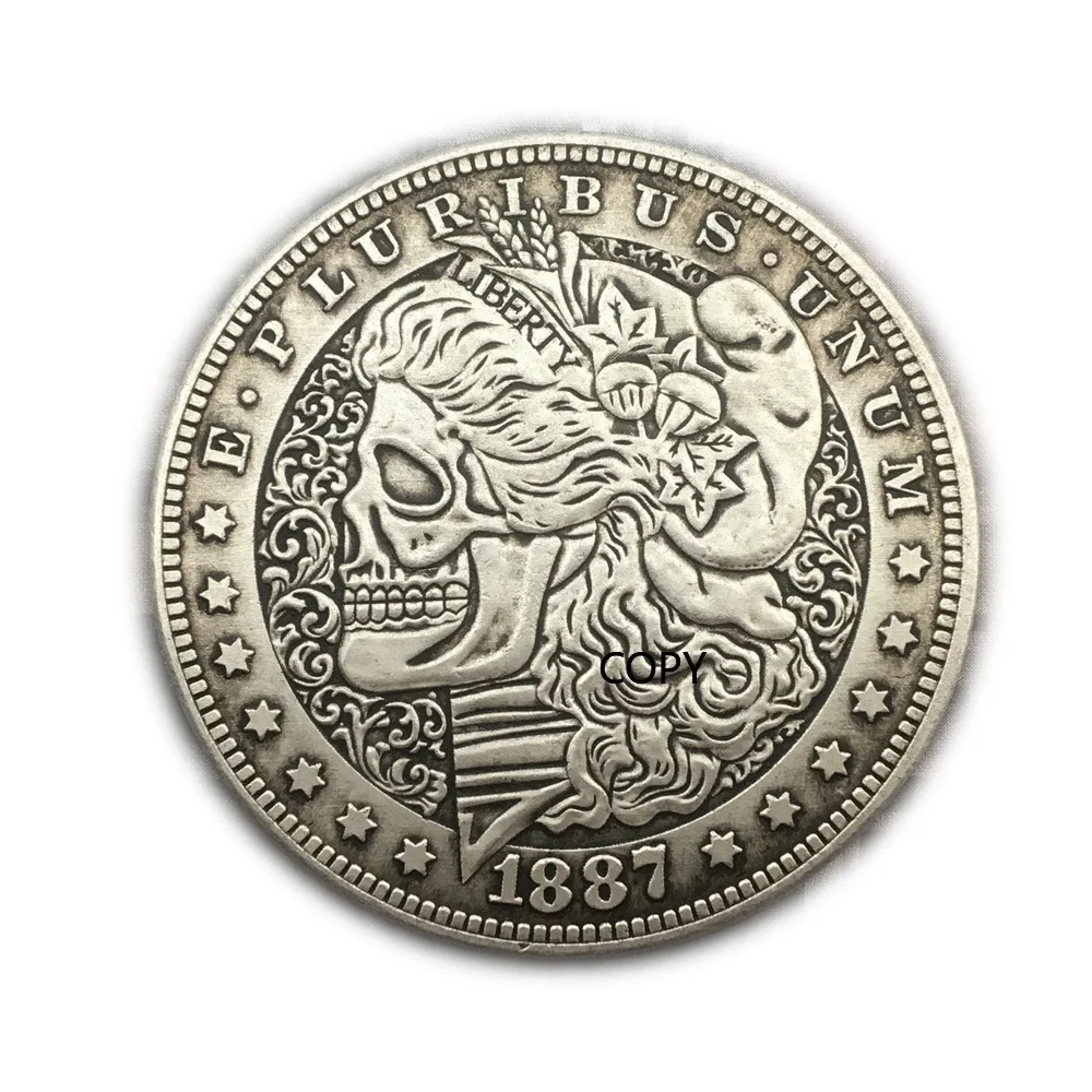 HB US 1887 المتشرد مورغان الدولار الجمجمة غيبوبة الهيكل العظمي الفضة مطلي نسخة عملات معدنية