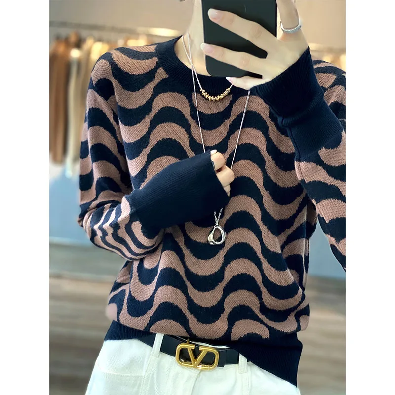 

Winter/Autumn Women's Sweater Casual Loose 100% Pure Wool Pullover Overside Ladies Tops Striped Cashmere Crew Neck Blouse HOT