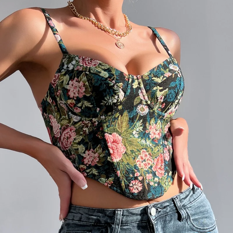 

Women's sexy casual V-neck sleeveless camisole Street retro flower niche camisole French court belted waistcoat