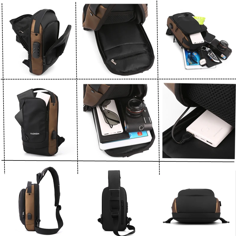 JEEP BULUO Brand High Quality Men USB Crossbody Shoulder Bags Chest Sling Safety Lock Male Anti-theft Fashion Travel Pack