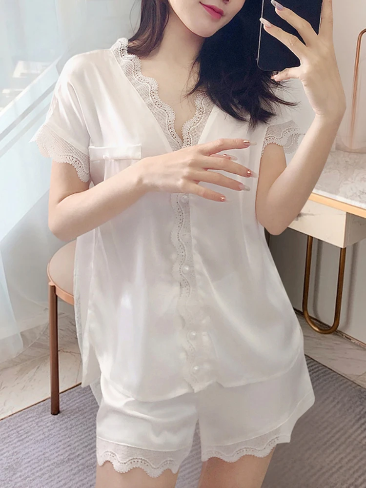 Women Sleepwear Summer Pajamas Set for Women Fake Silk White Lace Pijama Set Girl Nightgown Loose Waist Short Pant Silk Pajamas