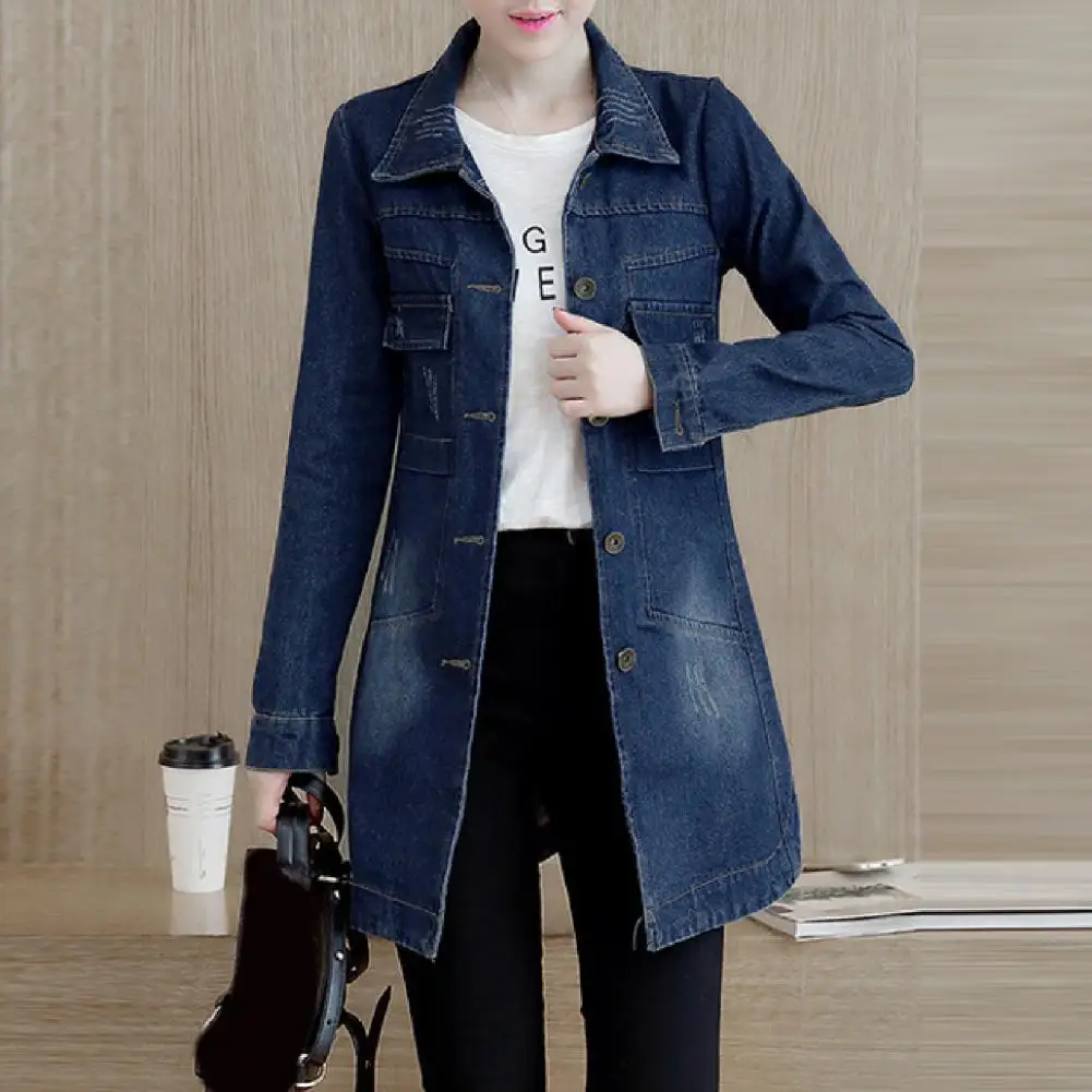 

Fashion Slim Coat Long Sleeve 3D Cuttings Shrink Resistant Single Breasted Denim Coat